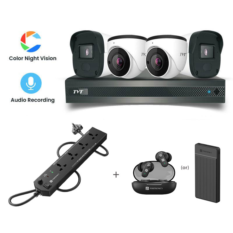 Picture of TVT 4 CCTV Cameras Combo (2 Indoor & 2 Outdoor CCTV Cameras) (Colour View With Mic) 👨🏻‍🔧 With CCTV Installation + 4CH DVR + HDD + Accessories + Power Supply + 90m Cable +Portronics Power Plate 10 + Portronics 10000 mAh Power Bank (or) Portronics Harmonics Twins S16 Earbuds